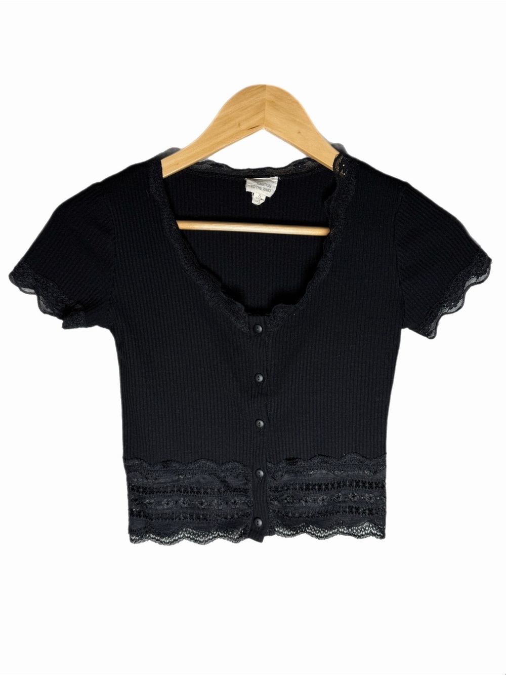 Caution To The Wind Black Lace-Trim Ribbed Button Front Top Size Small